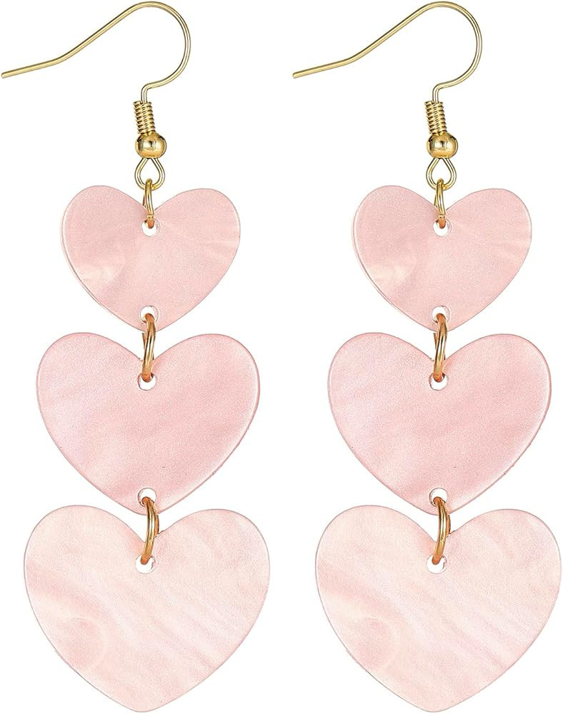 Marbled Pearlescent Pink Heart Dangle Earrings for Women, Hypoallergenic Acrylic Tiered Heart Sta... | Amazon (US)
