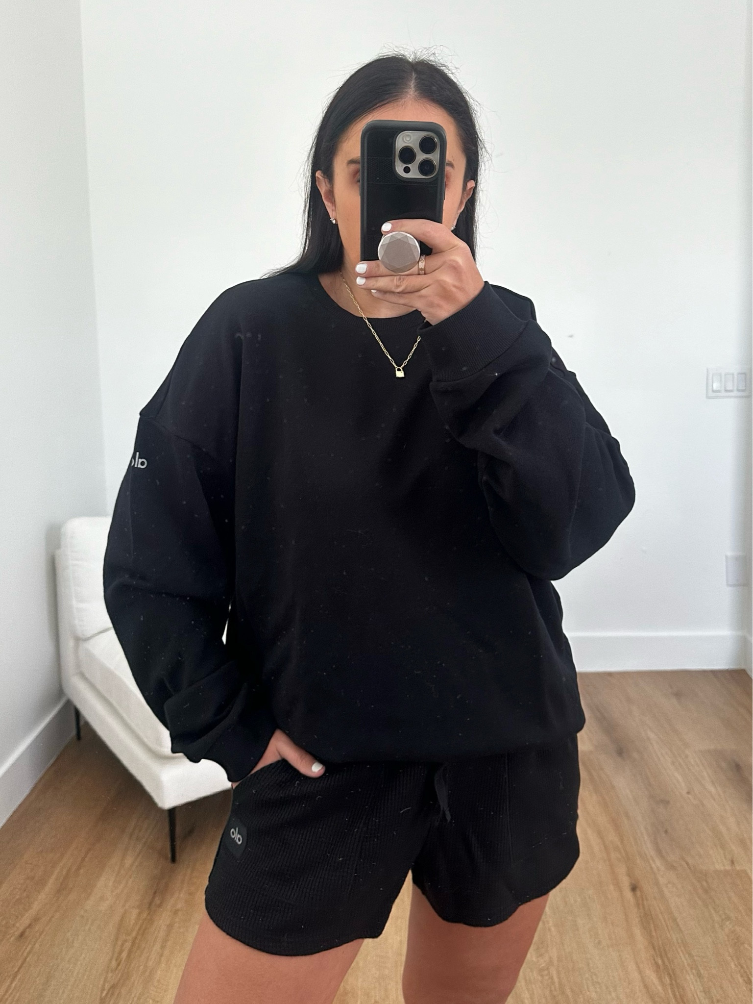 Chill Crew Neck Pullover wearing size medium.  Waffle High-Waist Weekend Escape Short wearing size medium. 