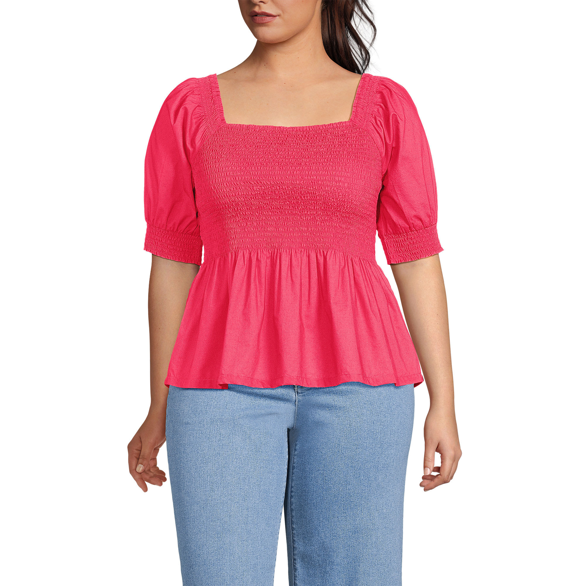 Women's Plus Size Poplin Elbow Sleeve Smocked Top | Lands' End (US)