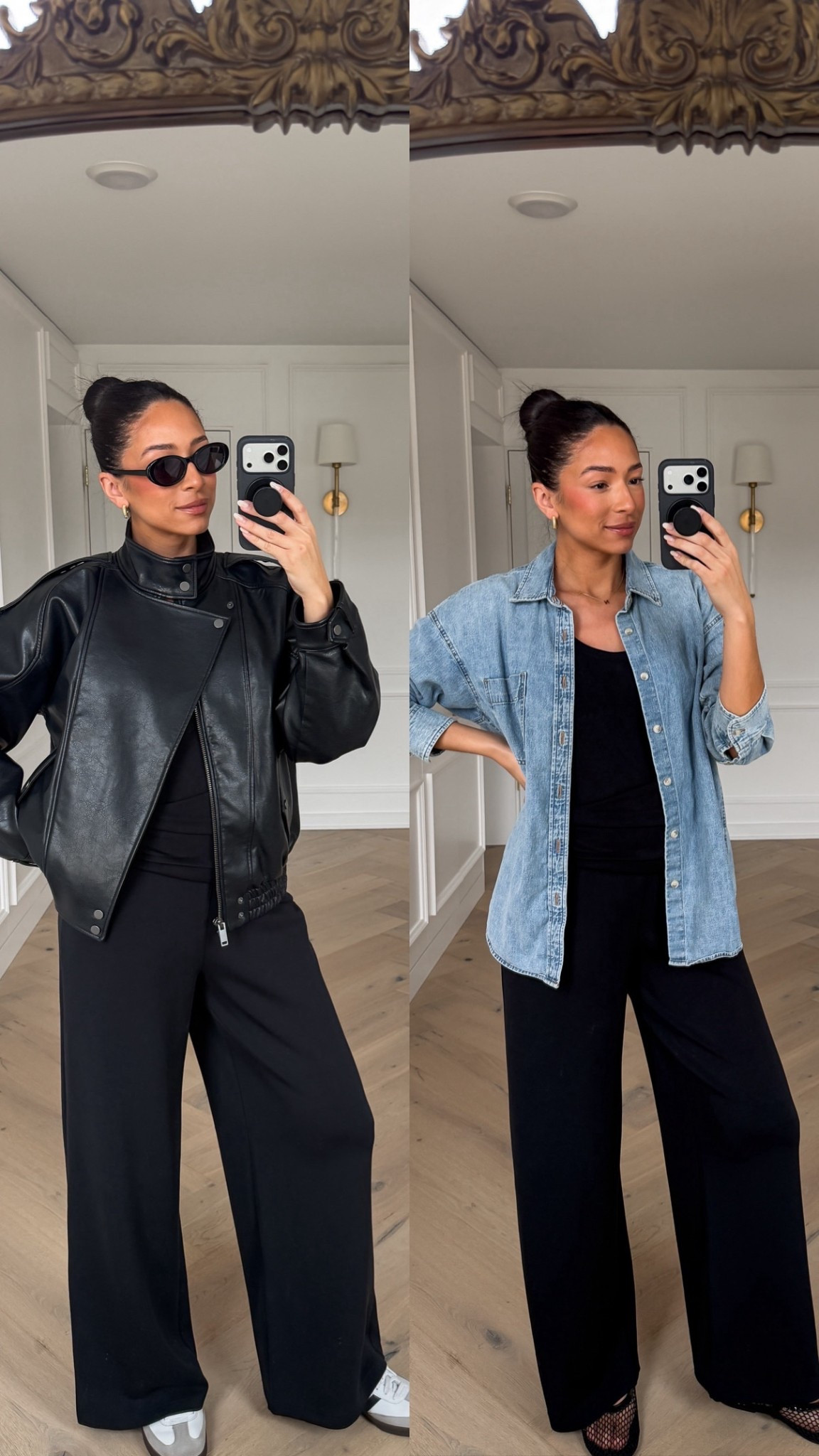 Use code NENAXSPANX for 15% OFF your first order! Wearing size S leather jacket (fits oversized), size S denim shirt (fits oversized; color: 7 Yrs Pctr Ths Bleu) and size S Tall sleeveless jumpsuit 

Work from home outfit 
Airport outfit 
Travel outfit 
Errands outfit 
Causal outfit 

#LTKTravel #LTKootd #LTKSeasonal