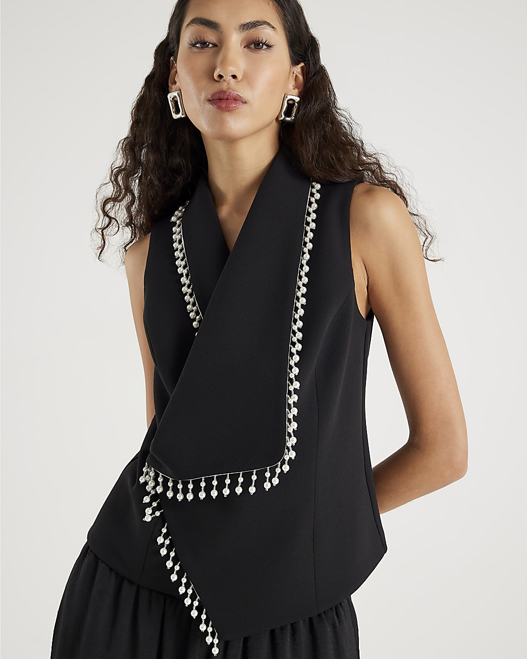 Black Sleeveless Pearl Trim Waistcoat | River Island UK & IE