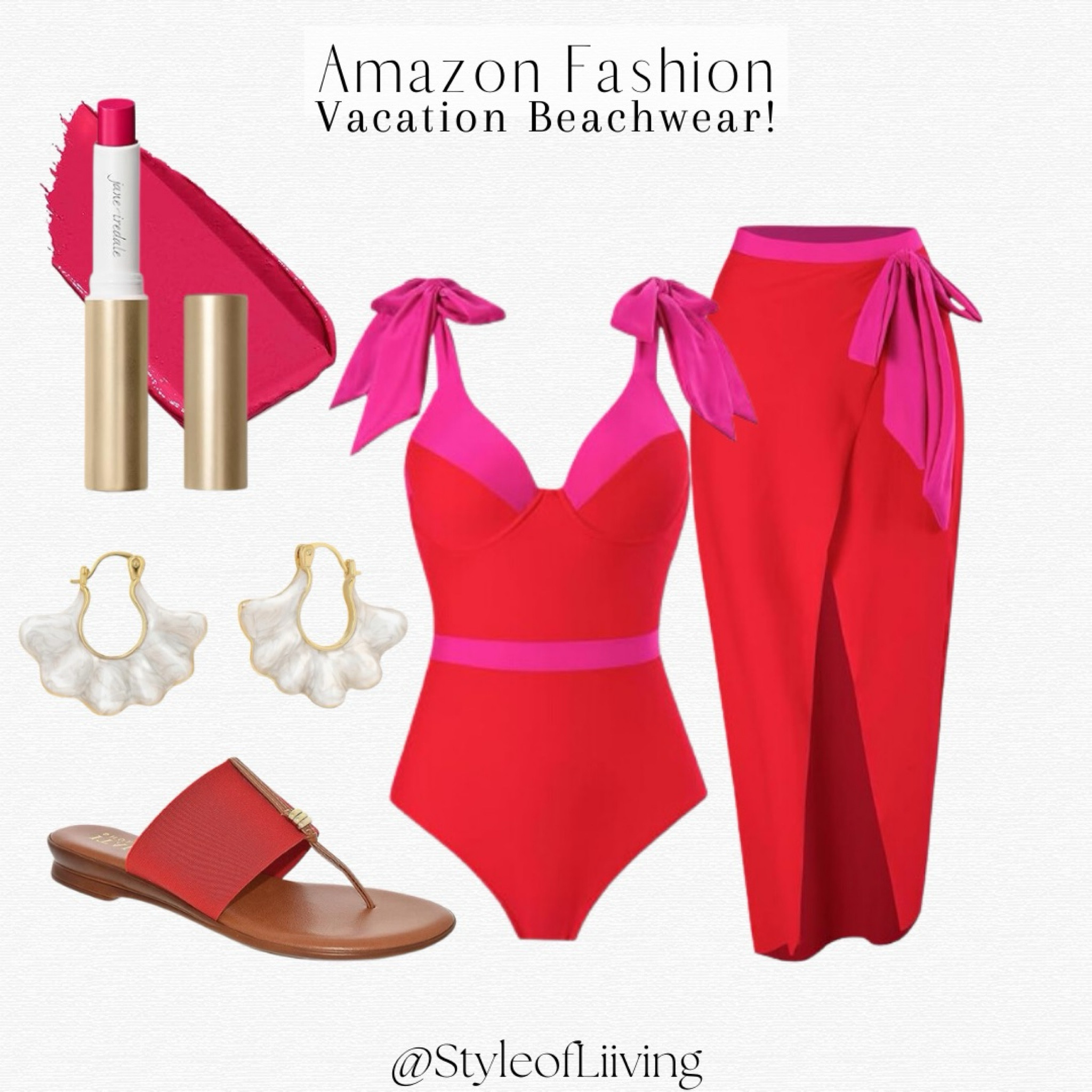 Vacation beachwear swimwear! Pink red one piece swimsuit with matching skirt wrap coverup, high pigmented lipstick, earrings, sandals. #founditonamazon #amazonfashion #amazonfinds

#LTKshoecrush #LTKswim #LTKbeauty