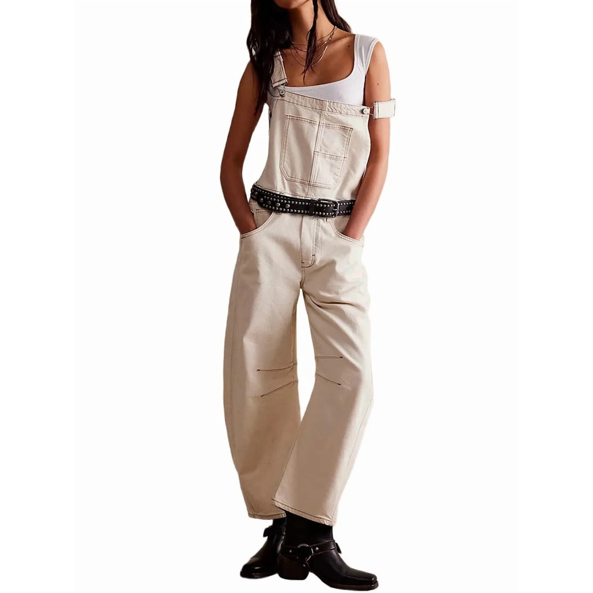 Womens Denim Overalls Loose Fit Leg Adjustable Strap Hip Hop Jean Jumpsuits Cream White S | Walmart (US)