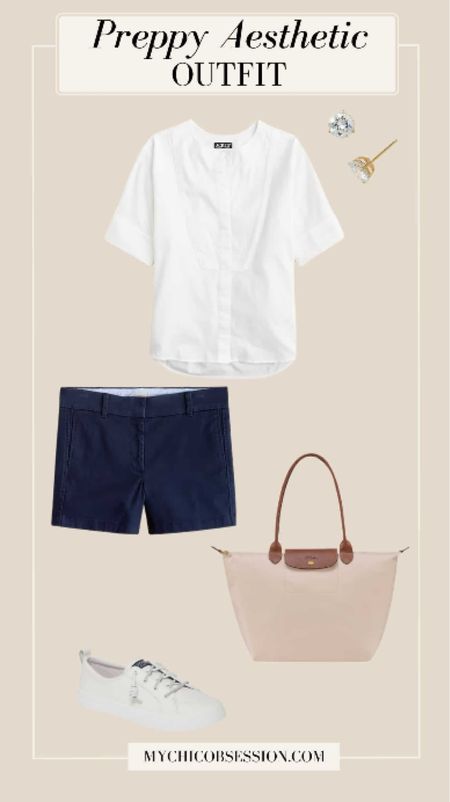 These chino shorts keep you cool while still very much giving off the preppy aesthetic with their cut and structure. Add a twill button-up on top, with cubic zirconia studs, and a two-tone tote with leather details.

#LTKSeasonal #LTKstyletip