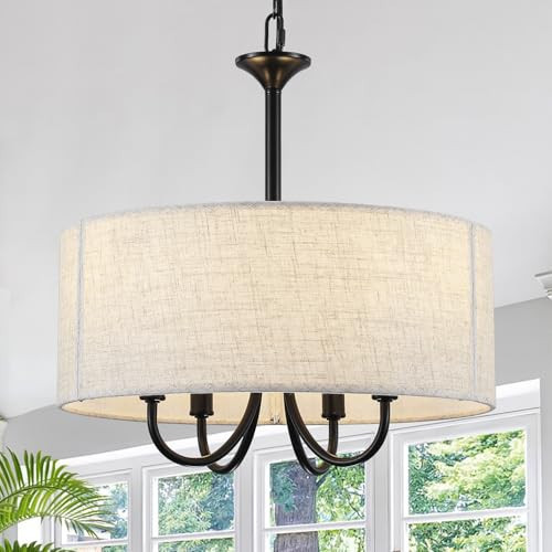 Xuridongsheng Drum Chandelier for Dining Room, 4-Light Modern Farmhouse Black Chandelier with Linen Drum Shade, 16" Hanging Pendant Ceiling Light Fixture for Kitchen Island Bedroom Living Room | Amazon (US)