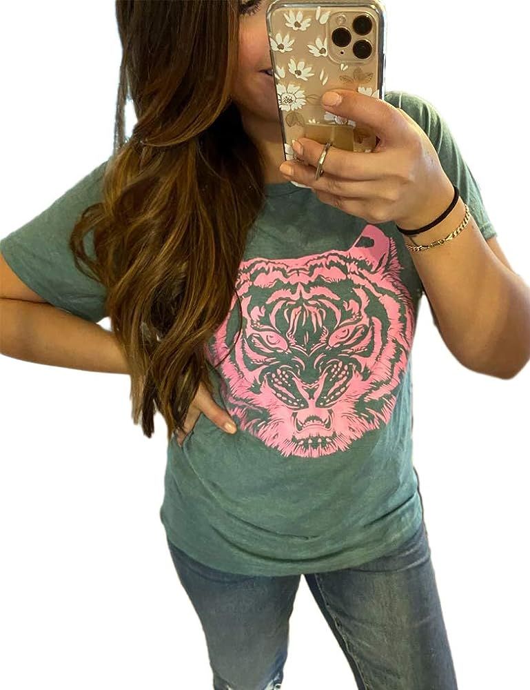 Tiger Printed Short Sleeve Tshirts,Womens Summer Crewneck Graphic Tee Shirt Blouse Tops | Amazon (US)