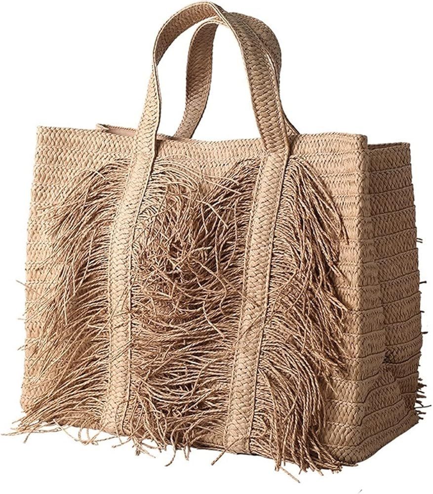 FJZFXKZL Straw Bag, Ladies Handbag Big Beach Straw Shopping Tote Bag Large Capacity Straw Shoulder B | Amazon (US)