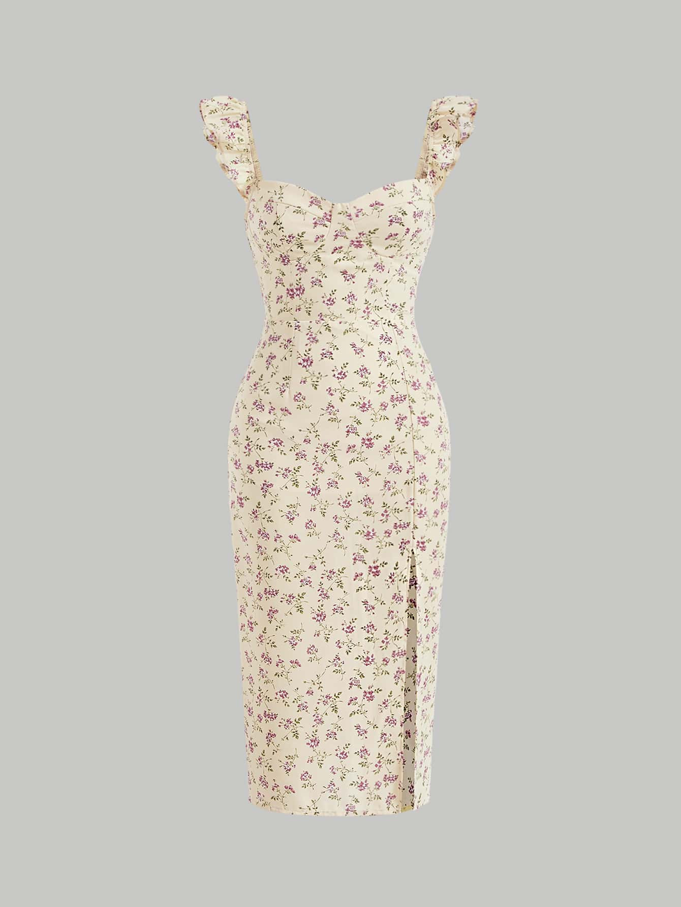 SHEIN MOD Allover Floral Print Ruffle Trim Split Thigh Dress | SHEIN