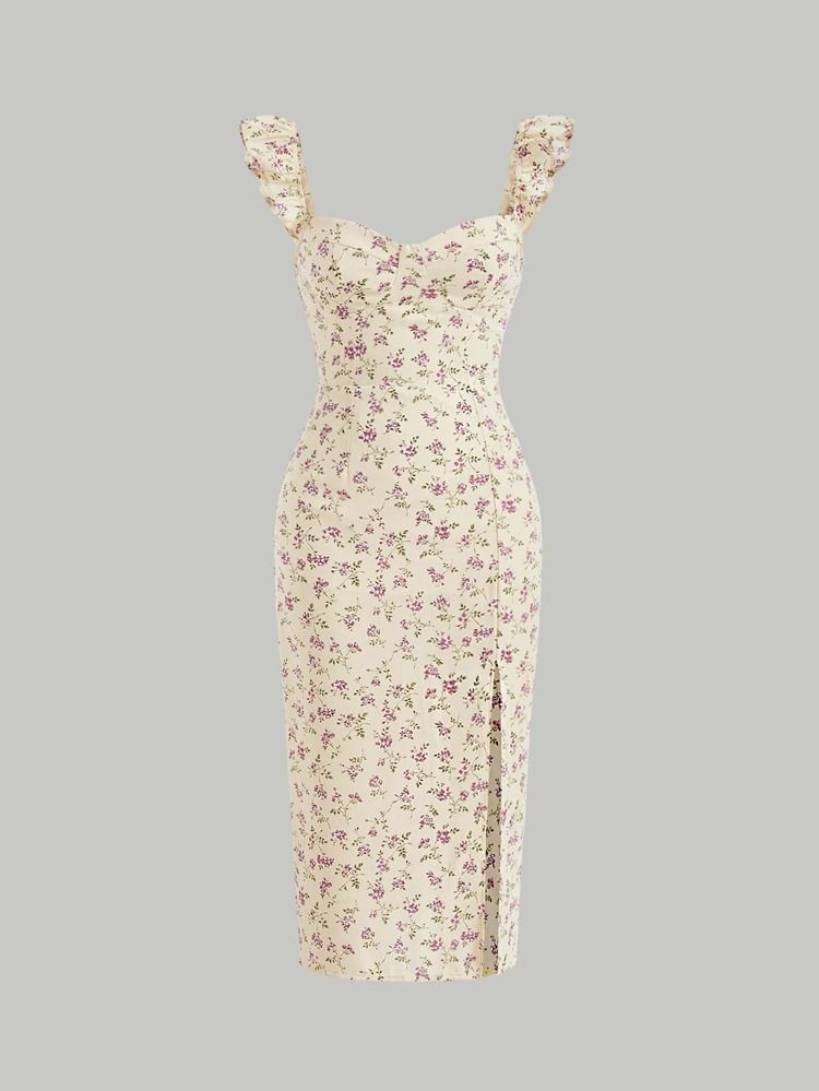 SHEIN MOD Allover Floral Print Ruffle Trim Split Thigh Dress | SHEIN