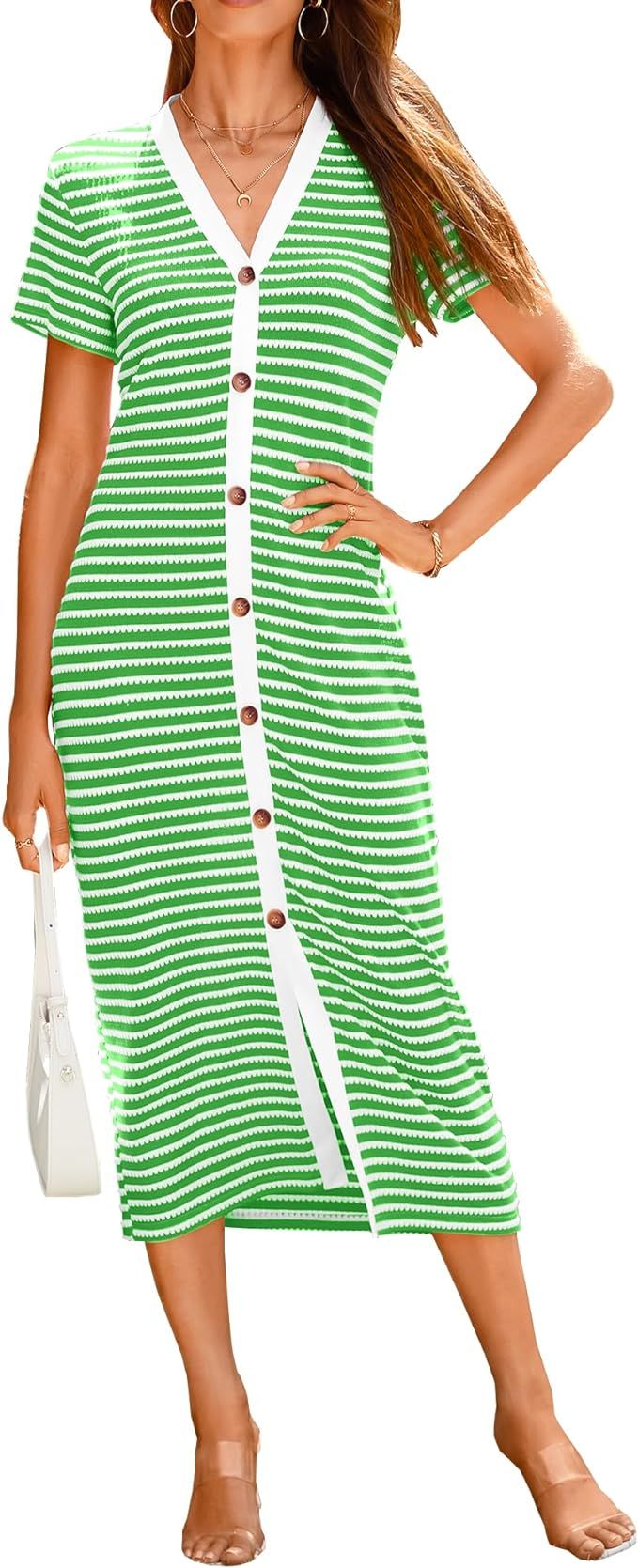 BTFBM Women Casual Summer Dresses Short Sleeve Striped Midi Dresses Button Down Ribbed Knit Dress... | Amazon (US)