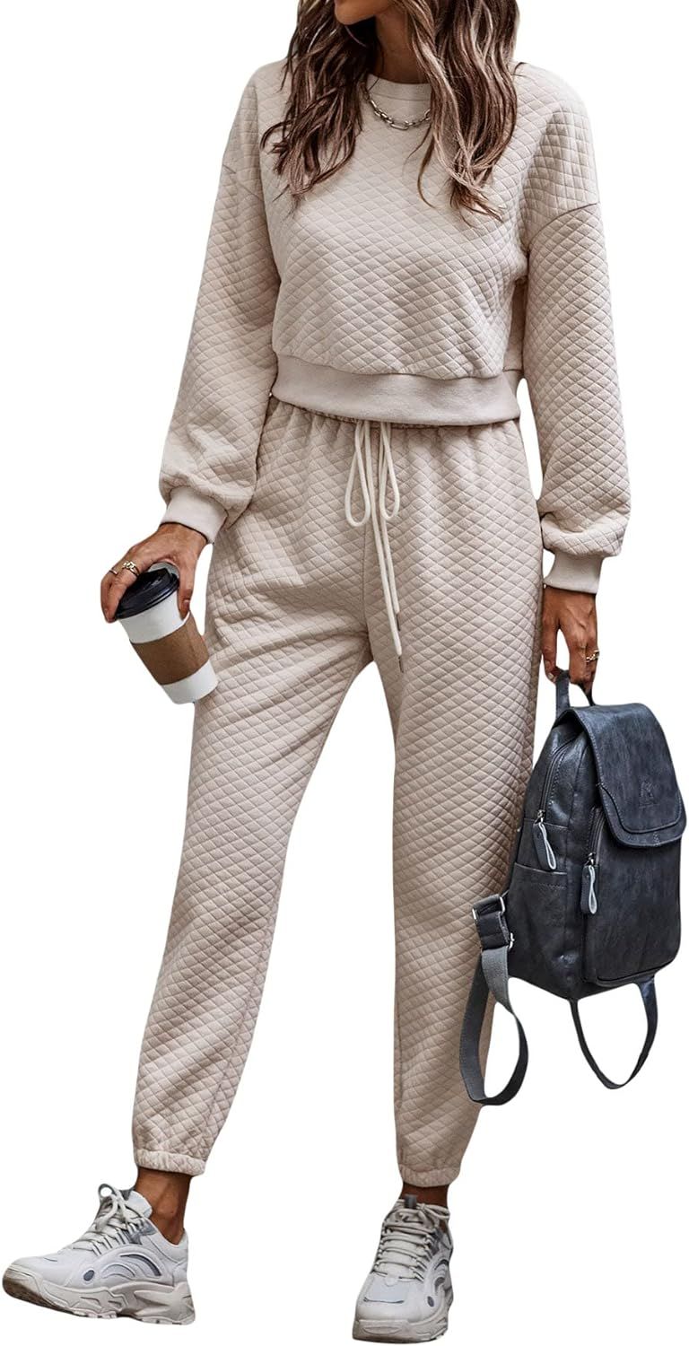 MakeMeChic Women's Casual 2 Piece Outfits Sweatsuits Pullover Sweatshirt and Jogger Pants Set | Amazon (US)