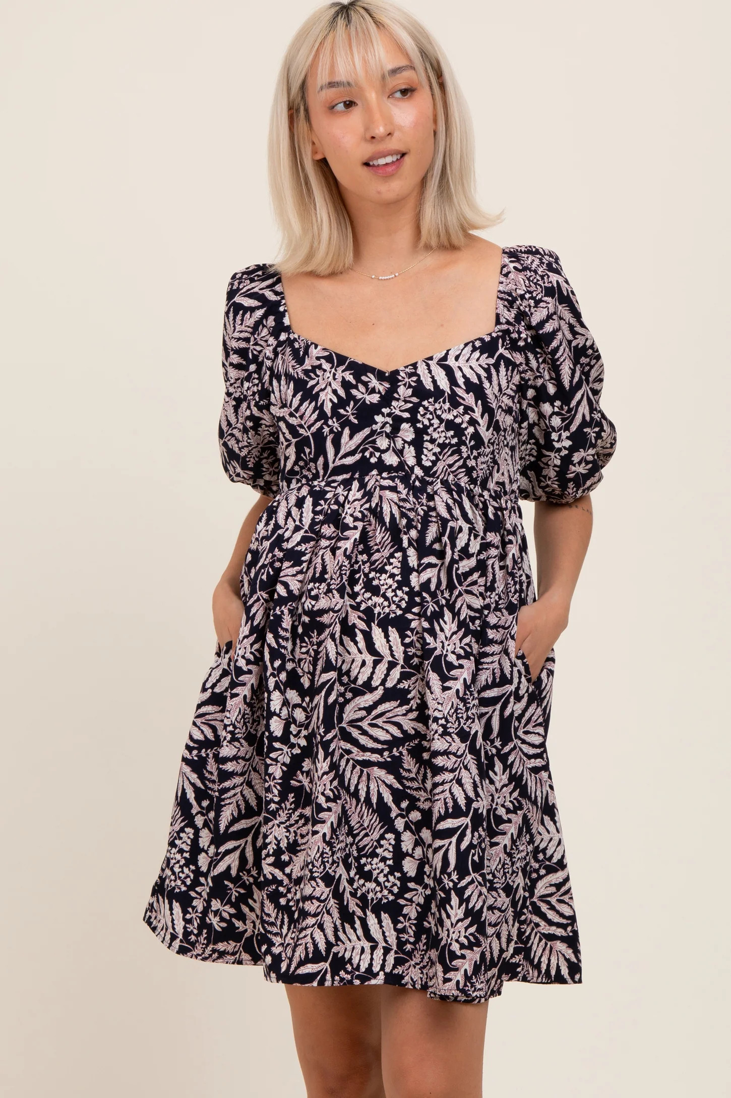 Navy Floral Puff Sleeve Maternity Dress | PinkBlush Maternity