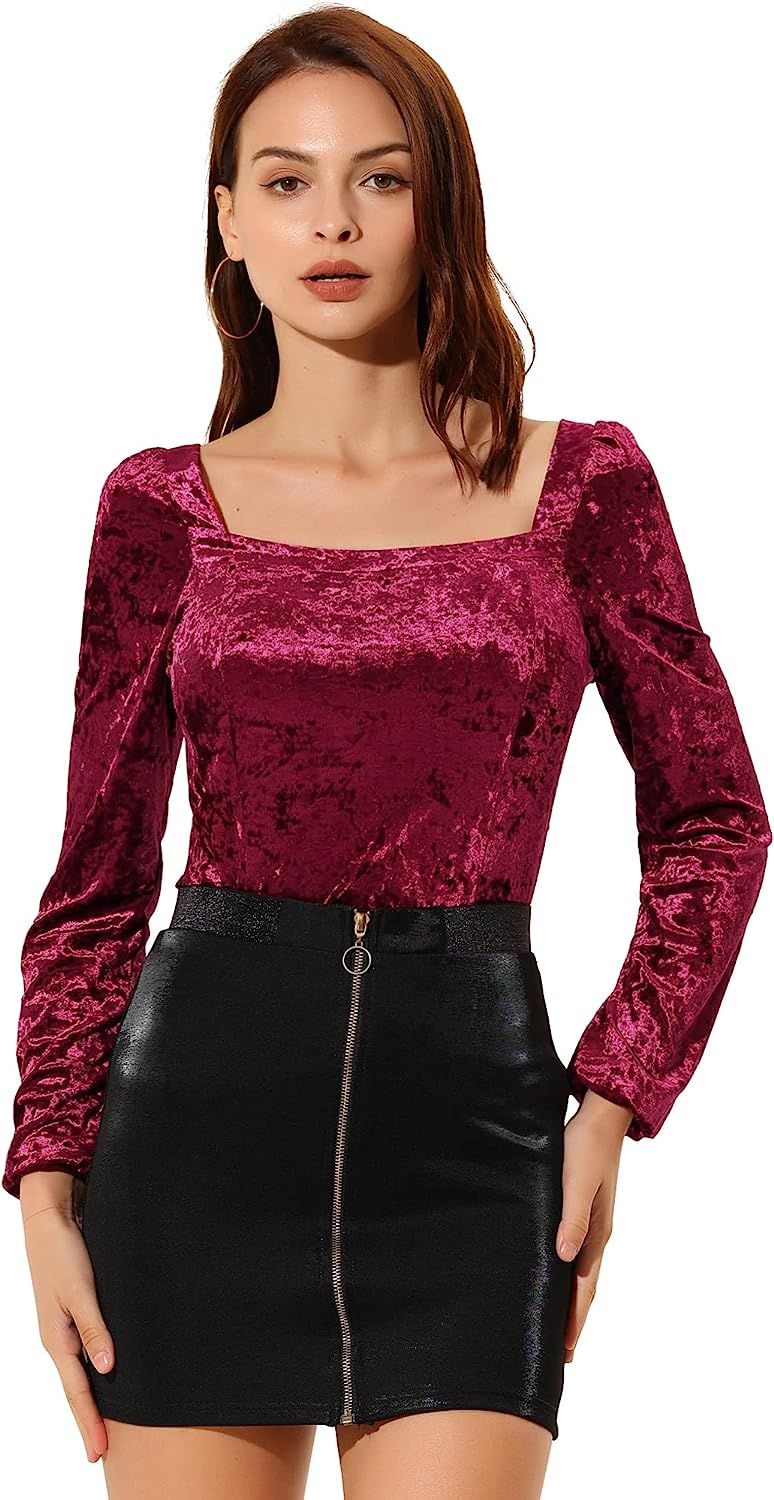 Allegra K Women's Velvet Top Long Sleeve Sexy Square Neck Shirt | Amazon (US)