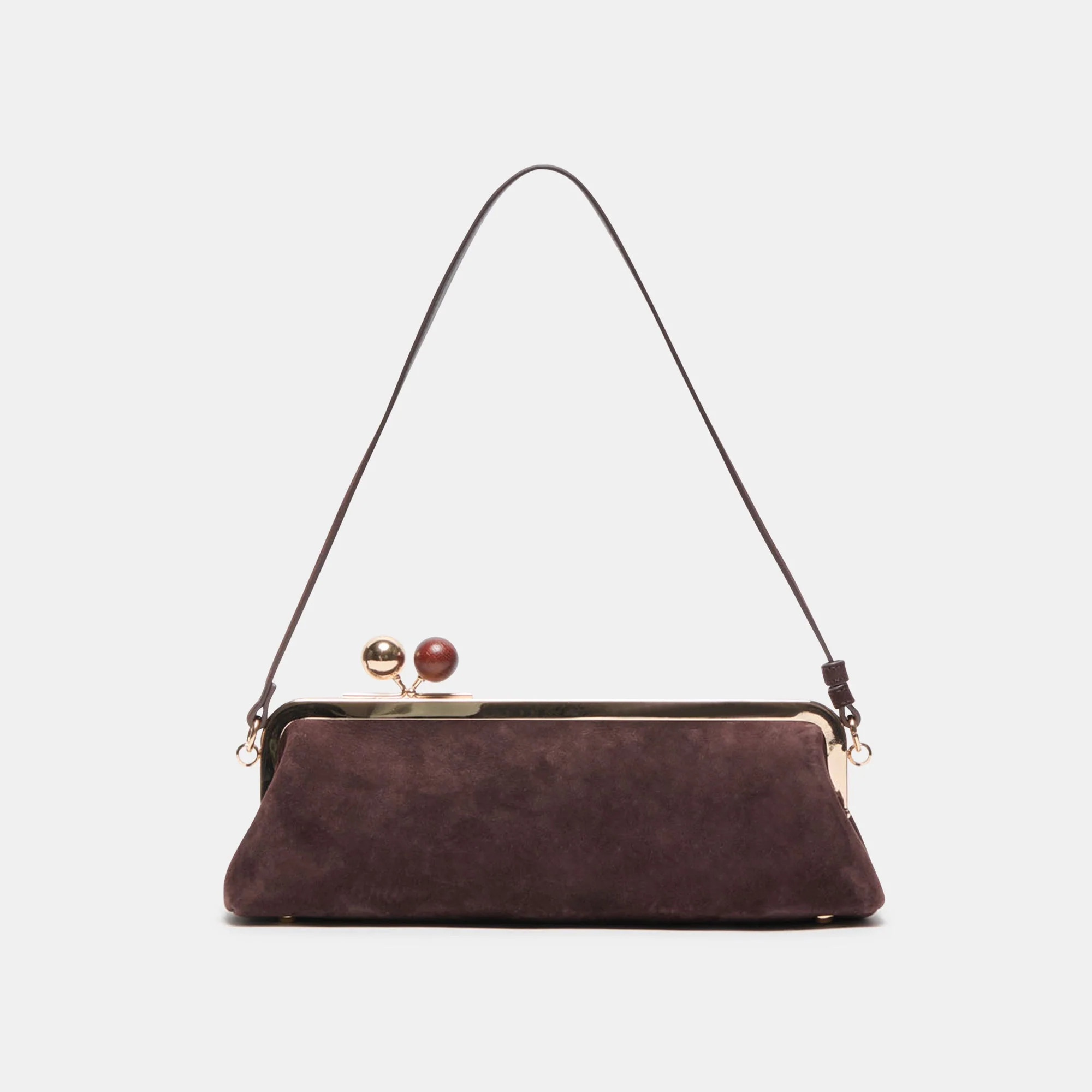 AMBRIAA Chocolate Suede Baguette Shoulder Bag | Dolce Vita | DolceVita.com