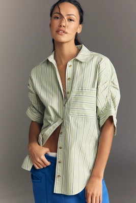 Pilcro Ruched Sleeve Buttondown Shirt | Anthropologie (US)
