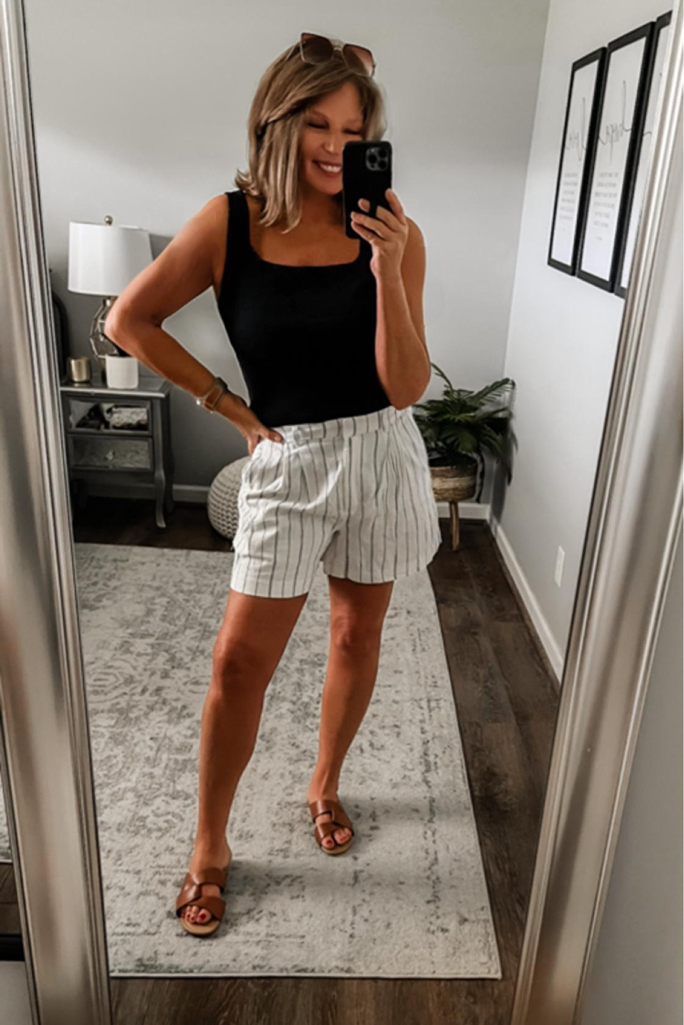 Perfect outfit for summer! Linen striped shorts from Old Navy, fits tts, more colors. Tank comes in multiple colors as well and fits tts. Sandals. 

Summer outfit, shorts, tanks, vacation outfit, date night outfit, casual chic, old navy outfit, fashion over 40

#LTKSaleAlert #LTKStyleTip #LTKFindsUnder50