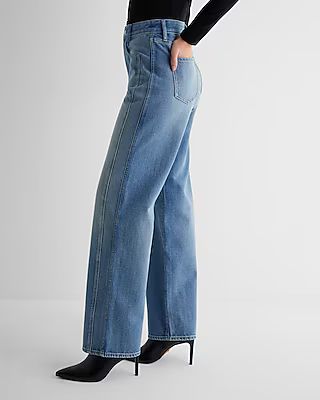 High Waisted Medium Wash Double Seam Relaxed Straight Jeans | Express