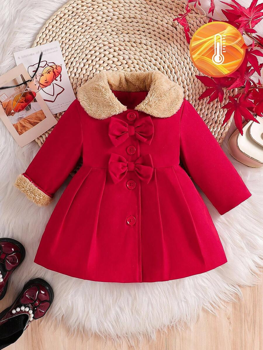 SHEIN Baby Girls' Faux Fur Collar Bow Decor Trench Coat, Autumn/Winter Fall | SHEIN