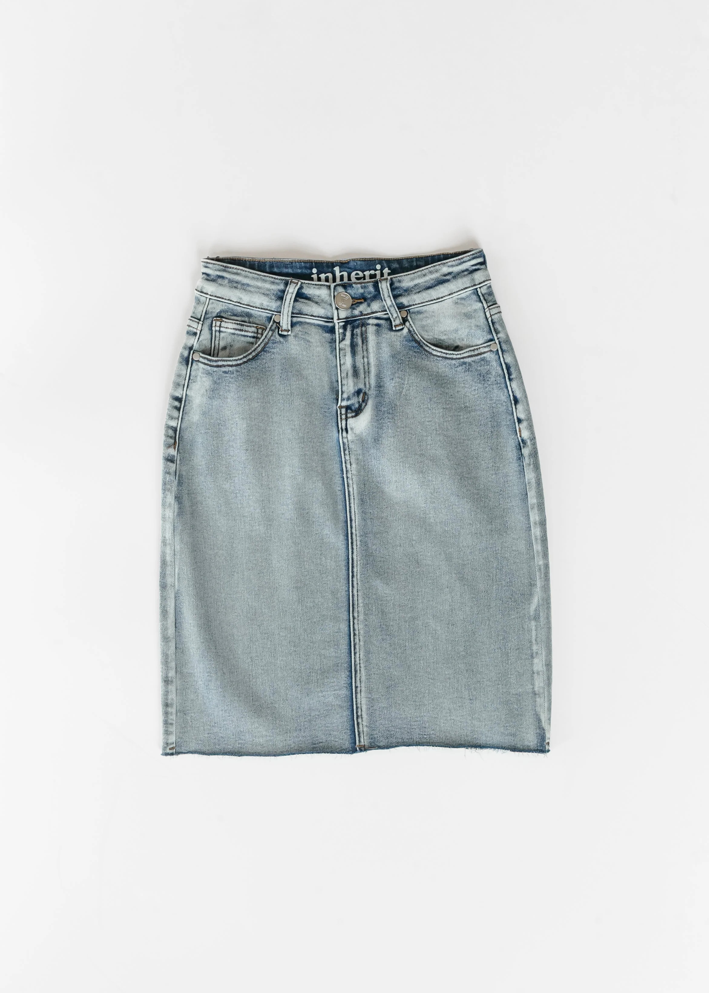 Frankie Light Wash Raw Hem Midi Skirt | Inherit Clothing Co.