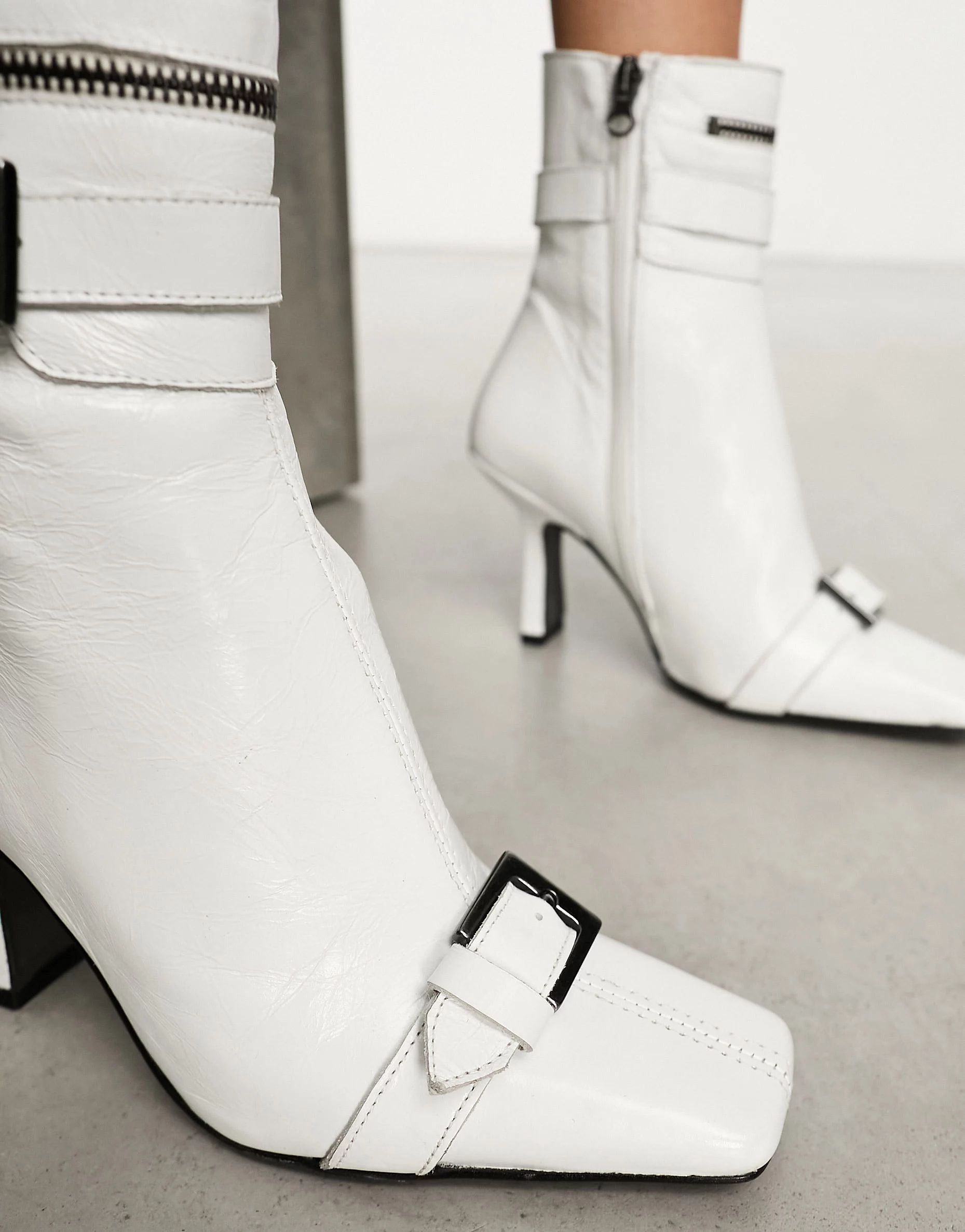 ASOS DESIGN Rosalia premium leather buckle mid boots in white | ASOS (Global)