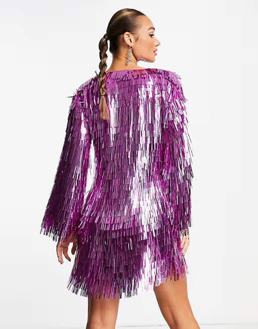 ASOS DESIGN shard sequin wrap mini dress with tie detail in pink | ASOS (Global)