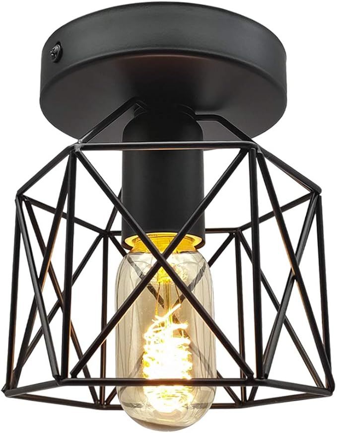 Vintage Industrial Flush Mount Ceiling Light, Bulb Included, E26 E27 Retro Black Metal Semi-Flush... | Amazon (US)
