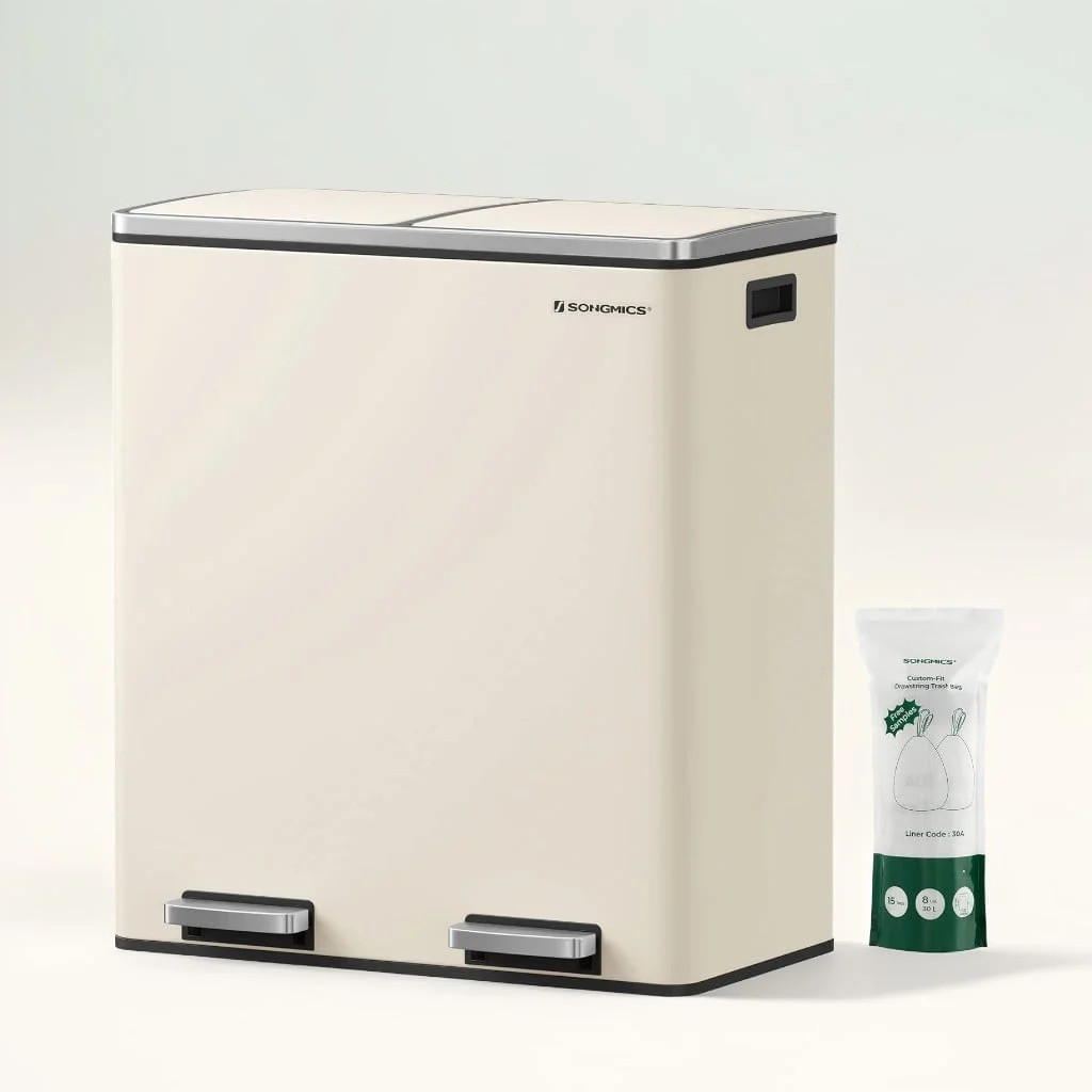 16 Gallon Dual Trash Can, Rubbish Bin and 15 Trash Bags, Metal, Almond Color | Walmart (US)