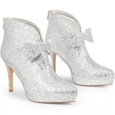 BLISSFUL STEP Women's Glitter Bow Stiletto Heel Ankle Platform Boots 6 Silver | Target