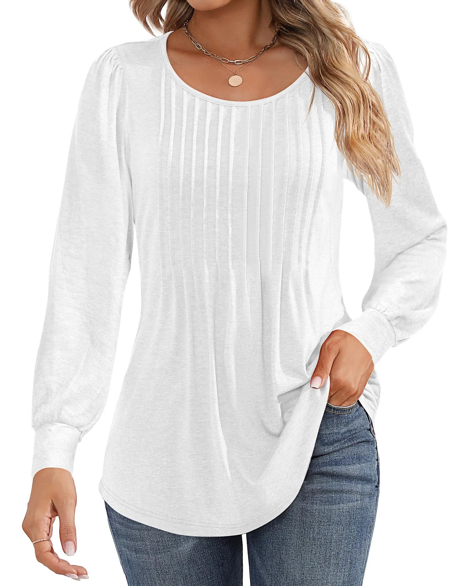 UVN Blouses for Women Pleated Long Sleeve Shirts Crew Neck Dressy Casual Tunic Tops | Walmart (US)