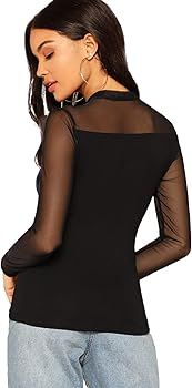 SweatyRocks Women's Mock Neck Long Sleeve Mesh Insert Elegant Blouse Tops | Amazon (US)