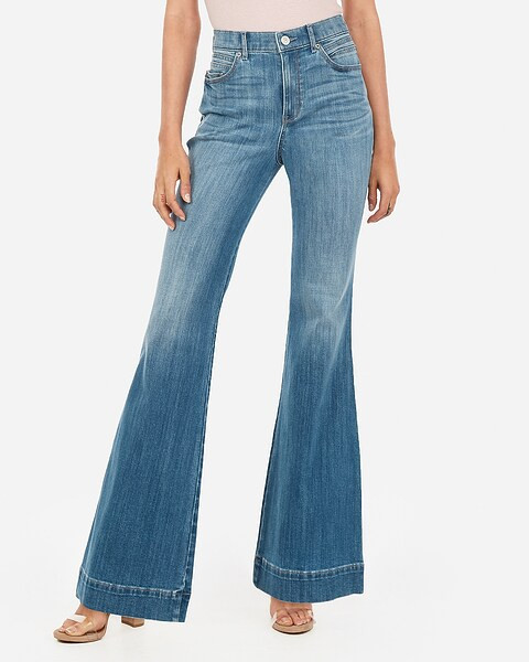 high waisted light wash bell flare jeans | Express