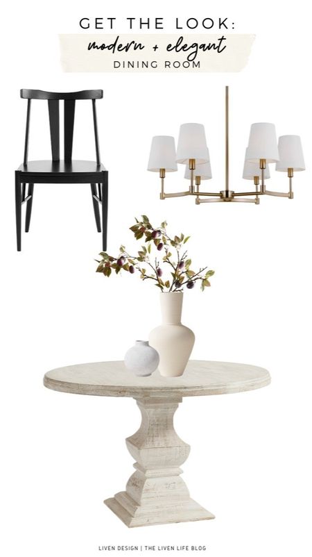 Modern elegant dining room. Black dining chair. Brass shade chandelier. Whitewash dining table. Pedestal dining table. Ceramic vase. 

#LTKSeasonal #LTKhome #LTKstyletip