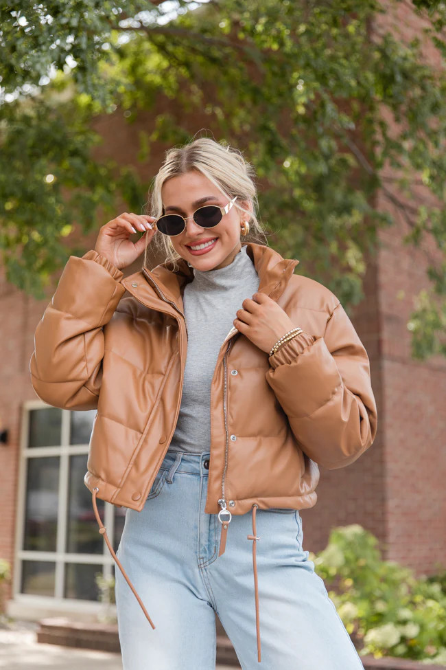 Free Reign Camel Faux Leather Puffer Jacket | Pink Lily