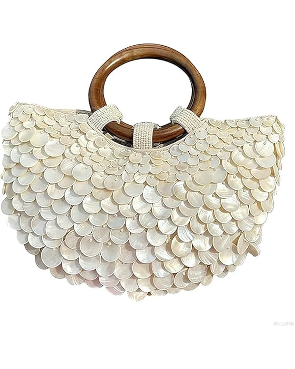 Single-sided Shell Embellished Evening Purse, Summer Shell Beaded Clutch Bag with Wood Handle, Va... | Amazon (UK)