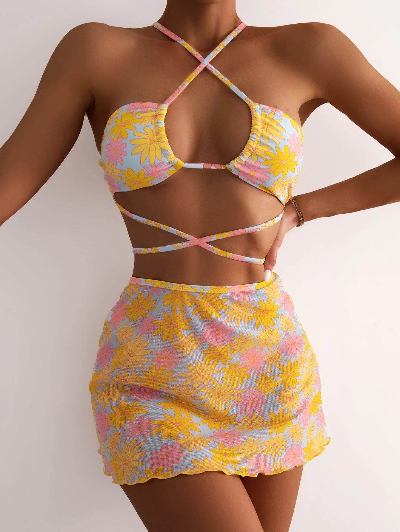 3pack Floral Random Print Bikini Swimsuit & Beach Skirt | SHEIN