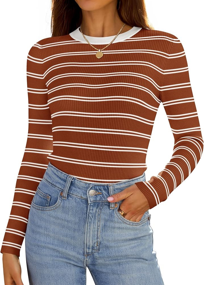 ZESICA Women's Long Sleeve Crewneck Striped Shirts 2024 Fall Sweater Ribbed Knit Slim Fit Basic C... | Amazon (US)
