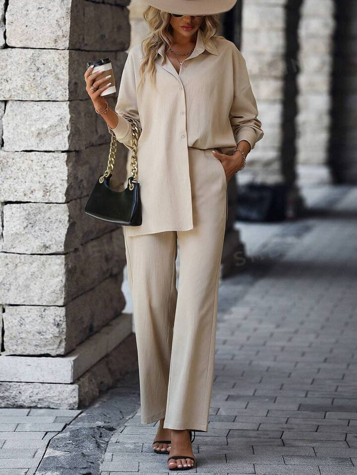 SHEIN LUNE Solid Button Front Shirt & Wide Leg Pants | SHEIN