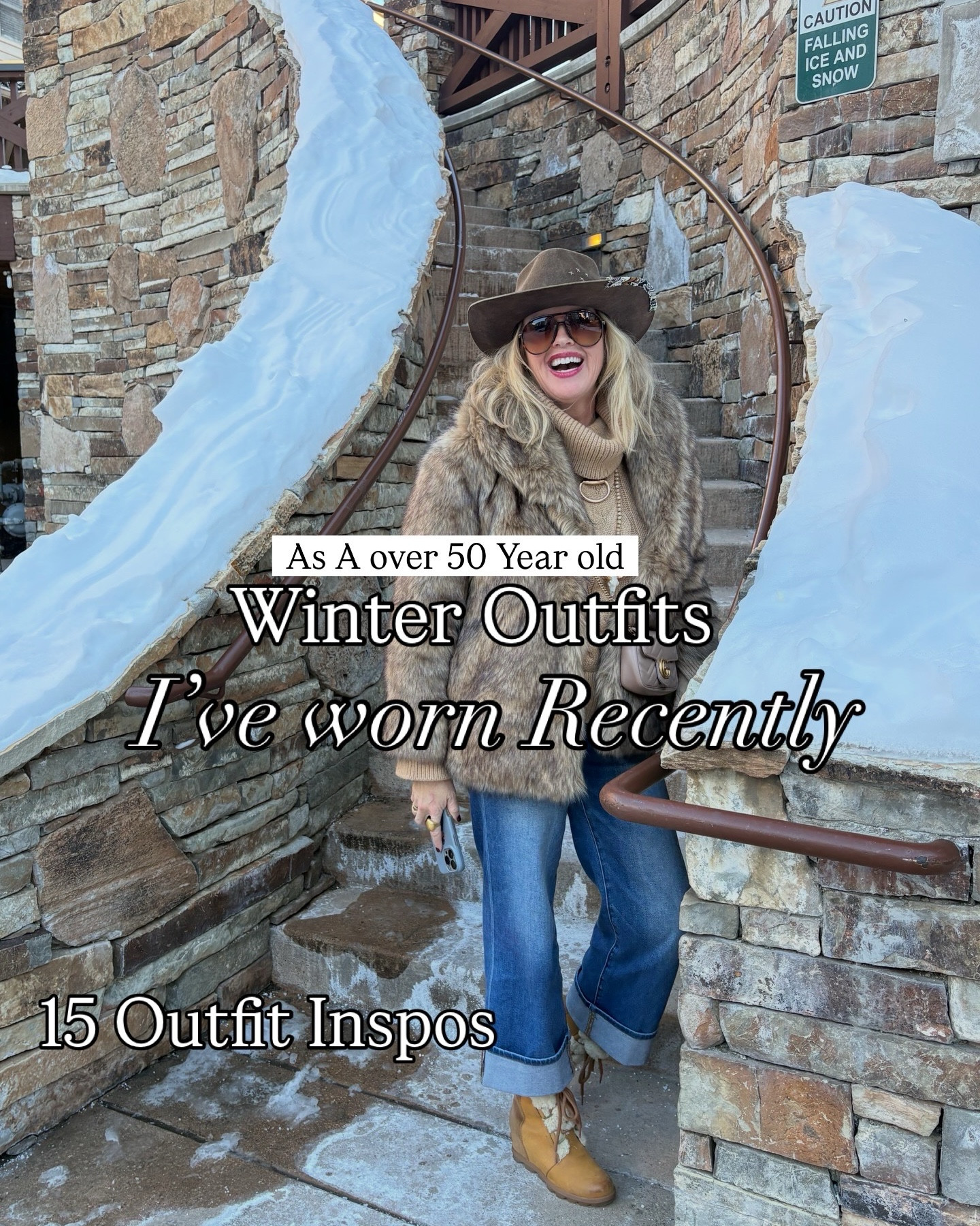 As A over 50 Year old 
—Winter Outfits--
I’ve worn Recently

 15 Outfit Inspo
-Casual & Cozy
-Apres Ski
-Work Wear
-Elevated Casual
-Datenight
-Coffee Date

Outfit 1
-Abercrombie & Finch fur coat 
-Social threads risen cuff jeans tts 
-Cable knit sweater  tts banana republic tts 
-Ugg Sherpa wedge boots 
Shapes, tts 
-Free people hat 
-sunnies 


Outfit 2

Camo pants
Cashmere sweater
Faux leather puffer
RL beanie
Sneakers
Sunnies

Outfit 3
Trench Coat
Beaded Sweater
Plaid Trousers
Loafers

Outfit 4
-Cuffed straight Leg Jeans
-Sneakers
-NY Hat
-long Sleeve Shirt
-Cardigan Sweater

Outfit 5
-Flared Hem Jeans
-Sherpa Vest
-Turtleneck 
-Layer Necklaces 
-Cowbow Boots 

Outfit 6
-Sweater Dress
-Puffer Vest 
-Tweed Ballcap
-Air Essential Sweatshirt 
-Sneakers
-Bangles

Outfit 7
-Spanx Jeans
-Cableknit Sweater
-Fur Leopard Coat
-Ballcap
-Booties

Outfit 8
-Puffer Vest
-Striped Sweater
-Trouser  Track Pant
-Sunnies 
-Sneakers

Outfit 9
-Camel Coat
-Sweater Turtleneck 
-Flared Jeans
-Layered Necklaces
-Cowboy Boots

Outfit 10
-Flared Raw 
Hem Jeans
-Sweater Turtleneck 
-Sherpa Jacket
Leather Trim
-Sunnies
-Sherpa Booties

Outfit 11
-Ombré Sweater
-Free People Jeans
-Puffer Vest
-Sherpa Booties

Outfit 12
-Corduroy Shacket
-Sweater
-Cuffed Jean
Straight Leg 
-Sunnies
-Tote
-Sherpa Slip ons

Outfit 14
-Sherpa Vest
-Cashmere Sweater
-Leopard Jeans
-Suede Ballet Shoe

Outfit 15
-Sweater Cardigan 
- Plaid Button-up
-Flared Raw Hem
-MaryJane 

#LTKootd #LTKOver40 #LTKSaleAlert