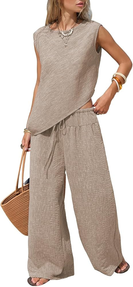 EXLURA Womens Summer Two Piece Sets Cotton Asymmetrical Tank Tops Wide Leg Pants Set Faux Linen B... | Amazon (US)