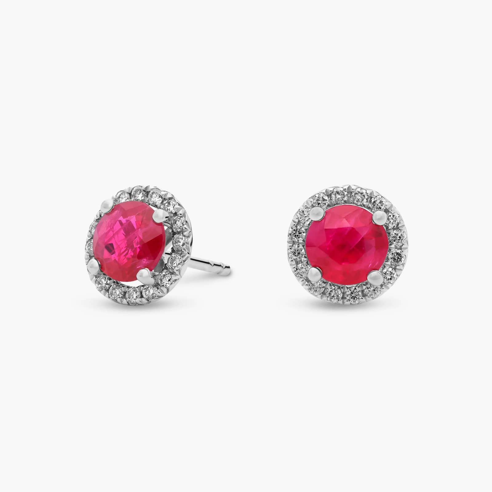Ruby and Micropavé Diamond Halo Stud Earrings in 18k White Gold (5mm) | Blue Nile