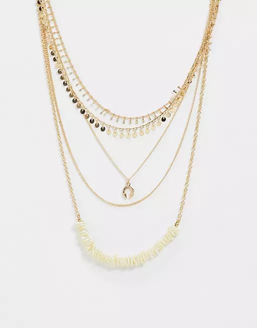 ASOS DESIGN multirow necklace with faux pearl horn pendant and disc chain in gold tone | ASOS (Global)