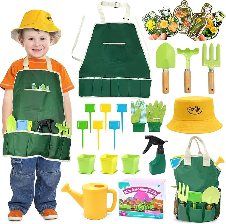 Kids Gardening Tools Outdoor Toys Set Backyard Play with Rake,Fork,Trowel, Hat ,Watering Can,Glov... | Amazon (US)