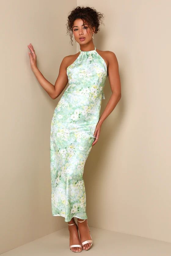 Glowing Presence Light Green Floral Satin Halter Maxi Dress | Lulus