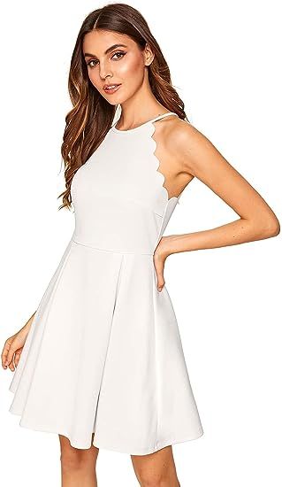 Romwe Women's Sweet Scallop Sleeveless Flared Swing Pleated A-line Skater Dress | Amazon (US)