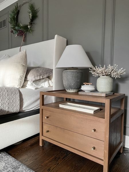 Seasonal and neutral nightstand styling. I am obsessed with these nightstands - the size and color is perfect plus they have built in charging in the drawer! 

#LTKsalealert #LTKhome #LTKHoliday