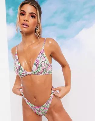 ASOS DESIGN SWIM GLAM recycled mix and match knot front crop bikini top in marble snake print | ASOS (Global)