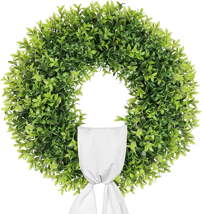 22 Inch Artificial Boxwood Wreaths for Front Door, Summer Door Wreath with Sash, Spring Green Wre... | Amazon (US)