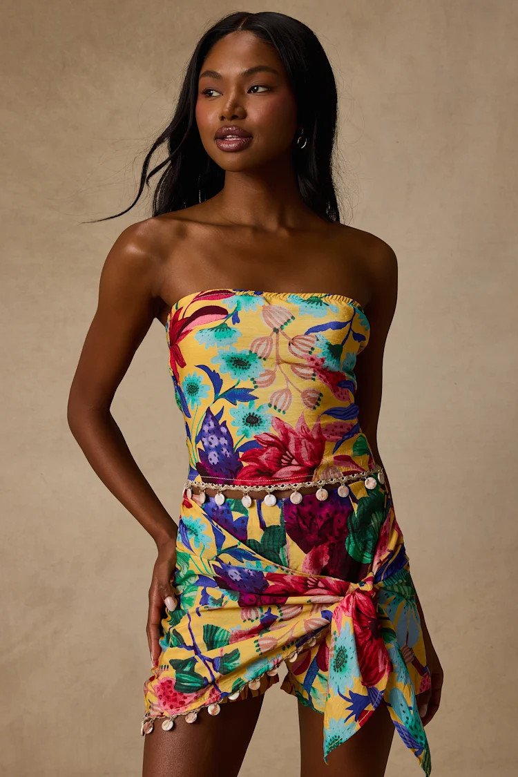 Kysa Yellow Multi Floral Strapless Crop Top | Lulus