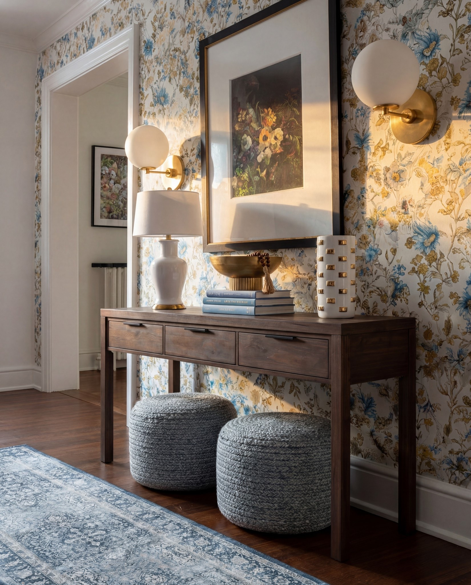 Shop the Look:
• Dark wood console table
• Blue + gold floral wallpaper
• Chunky woven poufs (cool grey)
• Brass globe sconces
• White ceramic table lamp
• Gold decorative bowl
• White studded ceramic vase
• Blue vintage-style runner
• Coffee table books (blue spines for color continuity)
- brown wood decor beads 

#LTKSaleAlert #LTKHome