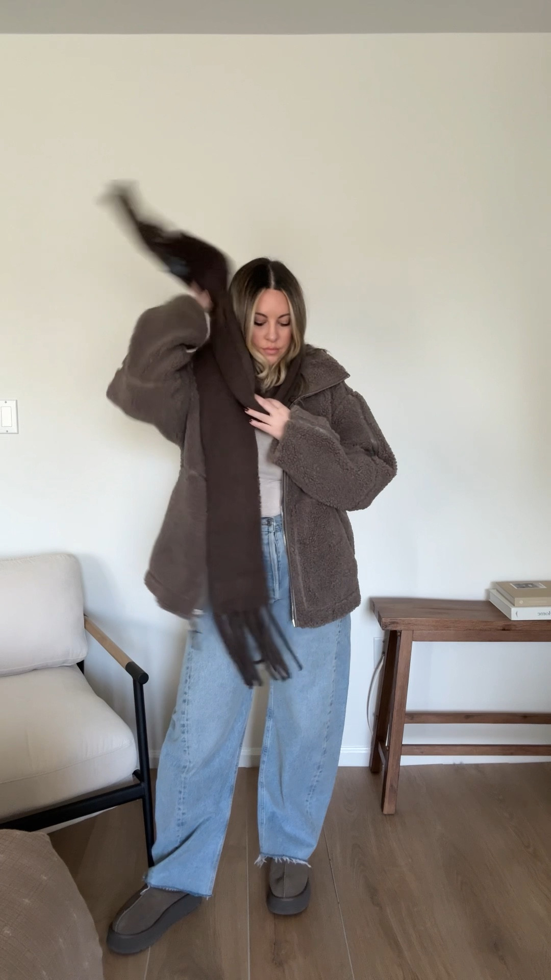 UGG Tazz Outfits 〰️ Part 5. My favorite Skims LS layering tee is 30% off (never goes on sale!) wearing one size up (L). M in coat (still oversized) and jeans are TTS (29). 

#LTKCyberWeek #LTKWatchNow #LTKHoliday